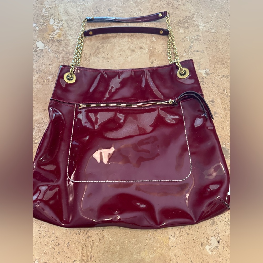 Coach Glossy Maroon Shoulder Bag with Gold Accents